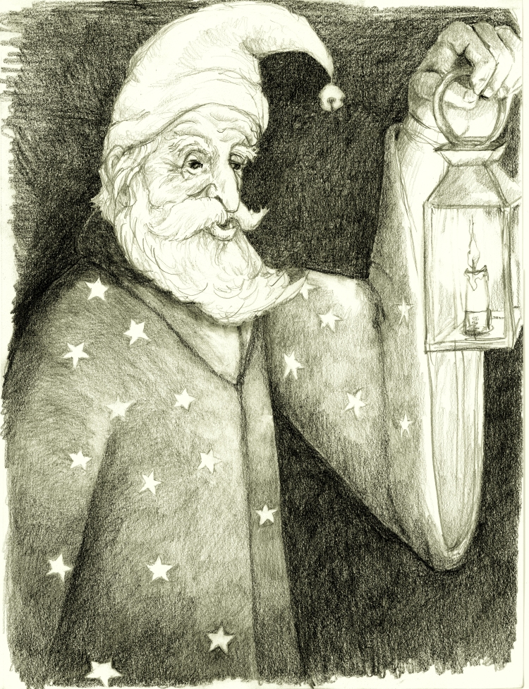 Pencil sketch of a man with a thick cloak covered in stars and a night cap that curls forward and ends in a jingle bell right in front of his face. His white beard curls up ward, so the effect is that the shape of his had and beard together form a crescent moon shape. The background is black but he is holding up a glowing lantern with a burning candle.