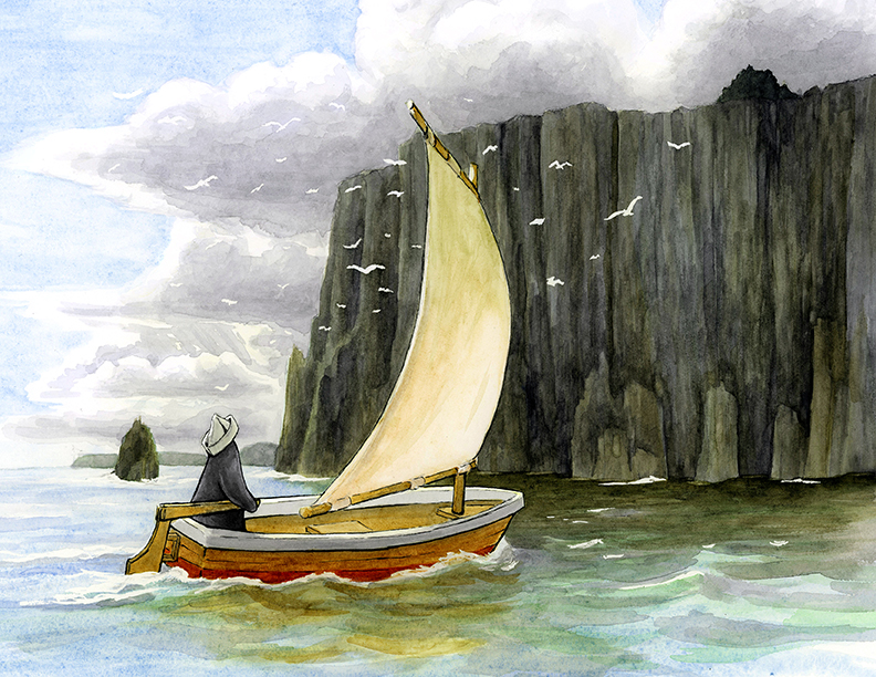 A penguin steers a small sail boat by tall black cliffs. Their are white seagulls flying between him and the cliffs. The blue sky is getting covered in dark clouds.